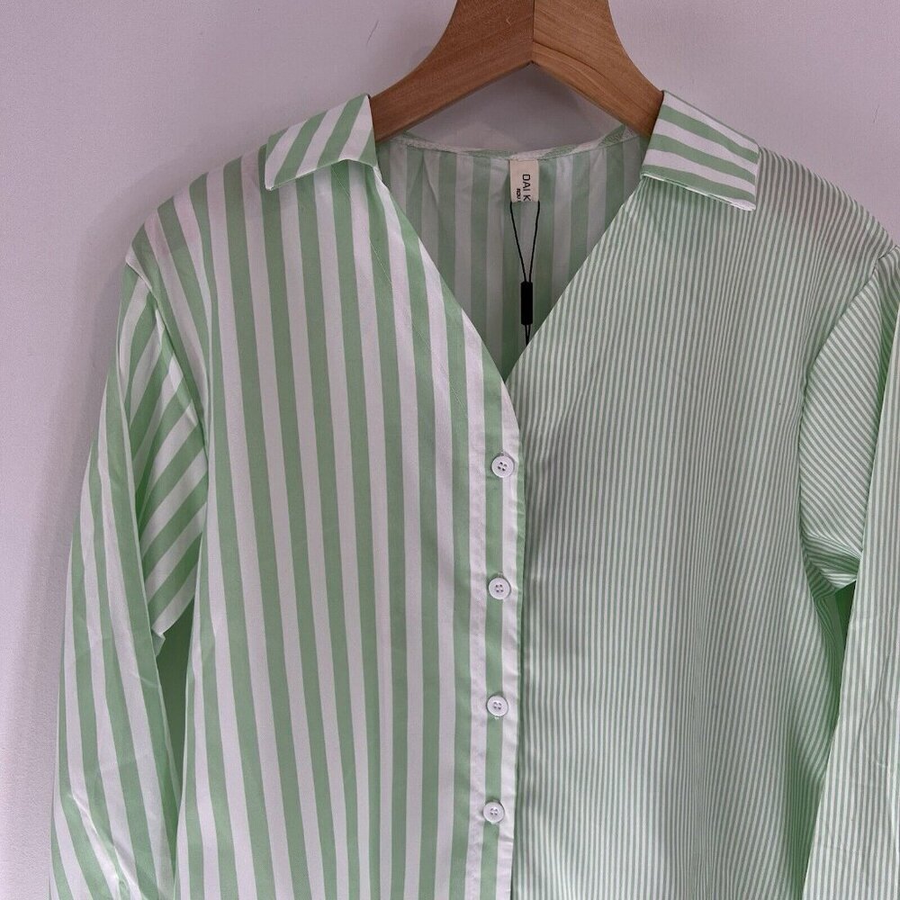 Light Green Striped Button-Front Blouse - Picture 14 of 16
